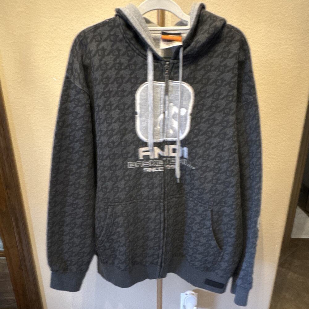 AND1 Men's Full Zip Hooded Fleece Hoodie Gray Basketball Graphic Pockets XL